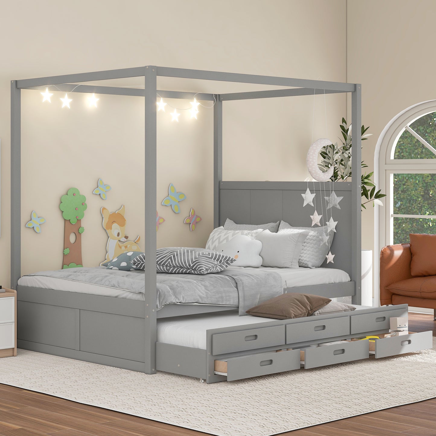 queen size canopy platform bed with twin size trundle and three storage drawers,gray