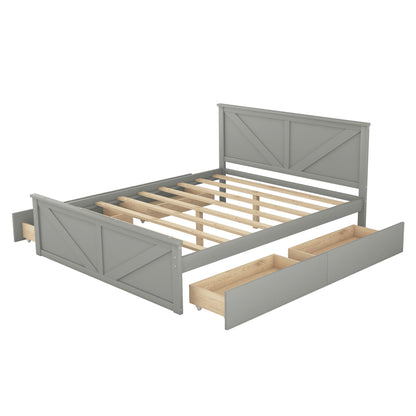 Country Wooden Platform Bed with Four Storage Drawers