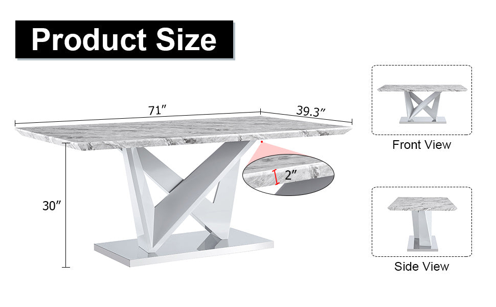 mdf faux marble dining table with white double v-shaped support