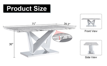 MDF Faux Marble Dining Table with White Double V-Shaped Support