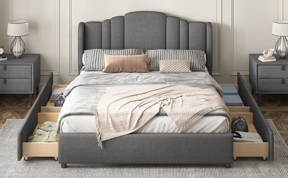 upholstered platform bed with wingback headboard and 4 drawers, gray