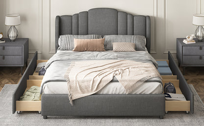 Upholstered Platform Bed with Wingback Headboard and 4 Drawers, Gray