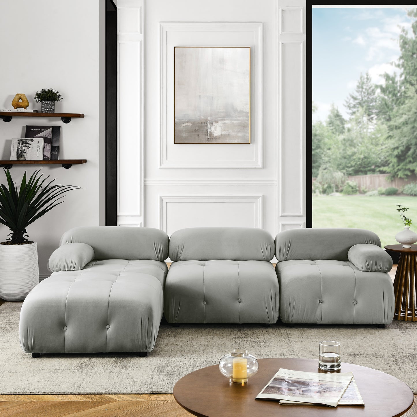 modular sectional sofa, button tufted designed and diy combination,l shaped couch with reversible ottoman, grey velvet