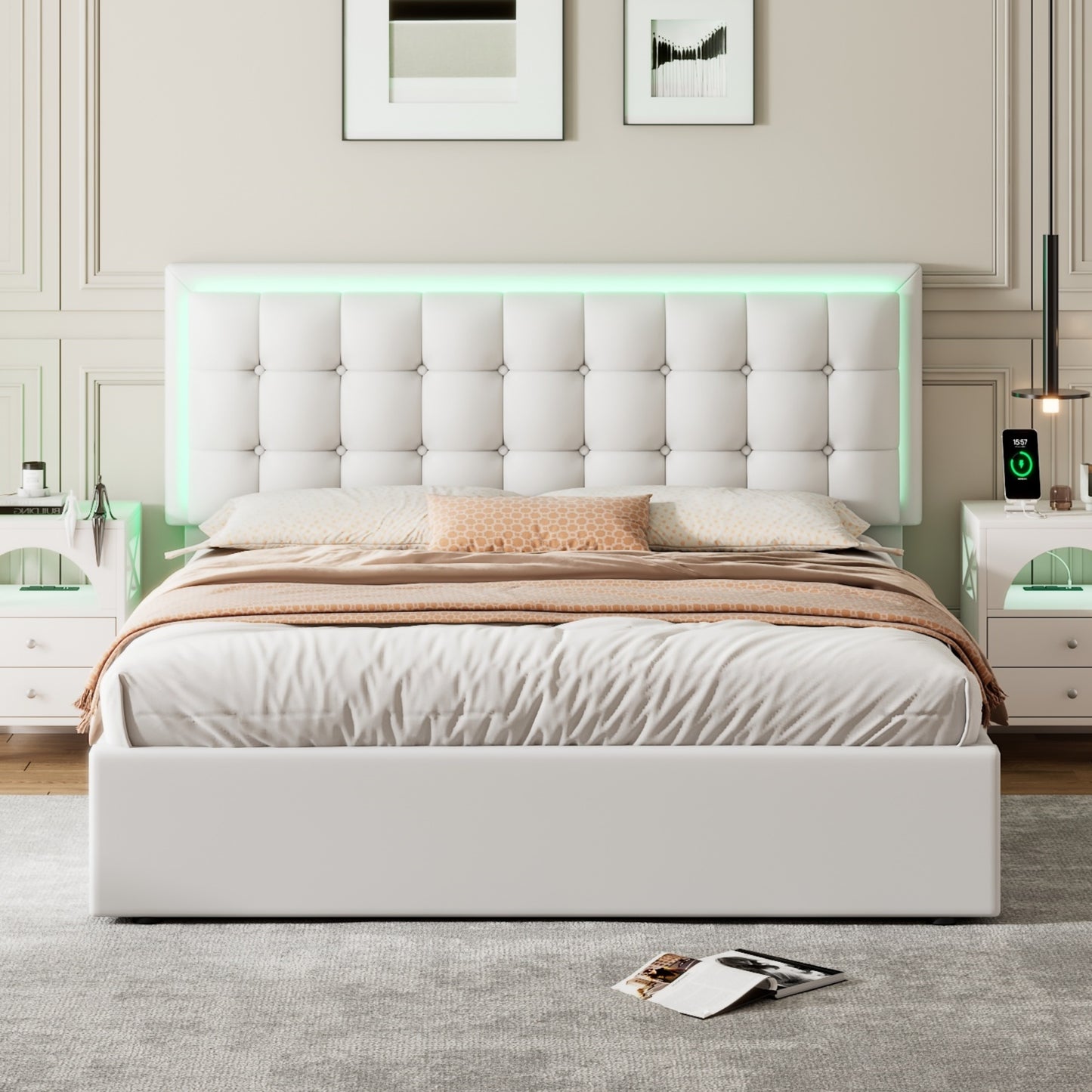 tufted upholstered platform bed with hydraulic storage system & pu storage bed with led lights