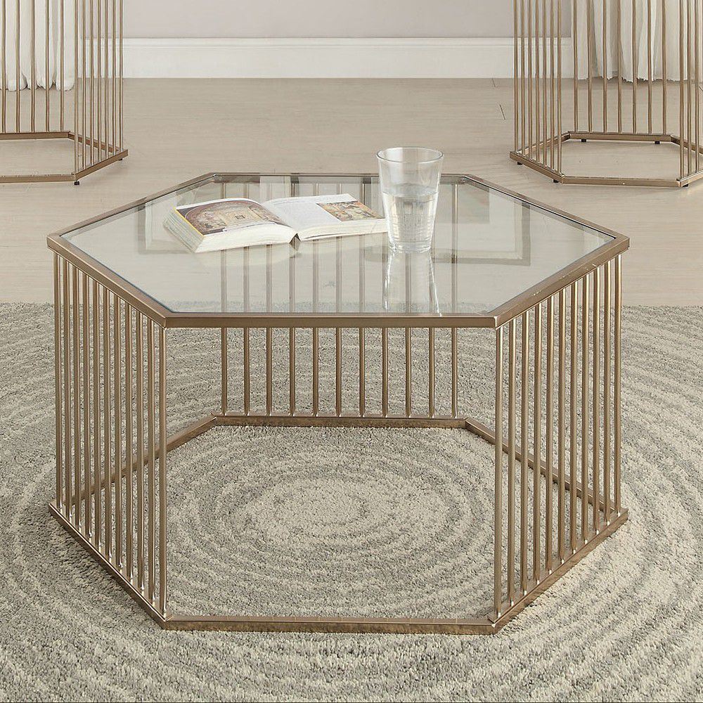acme oaklie coffee table in champagne & clear glass