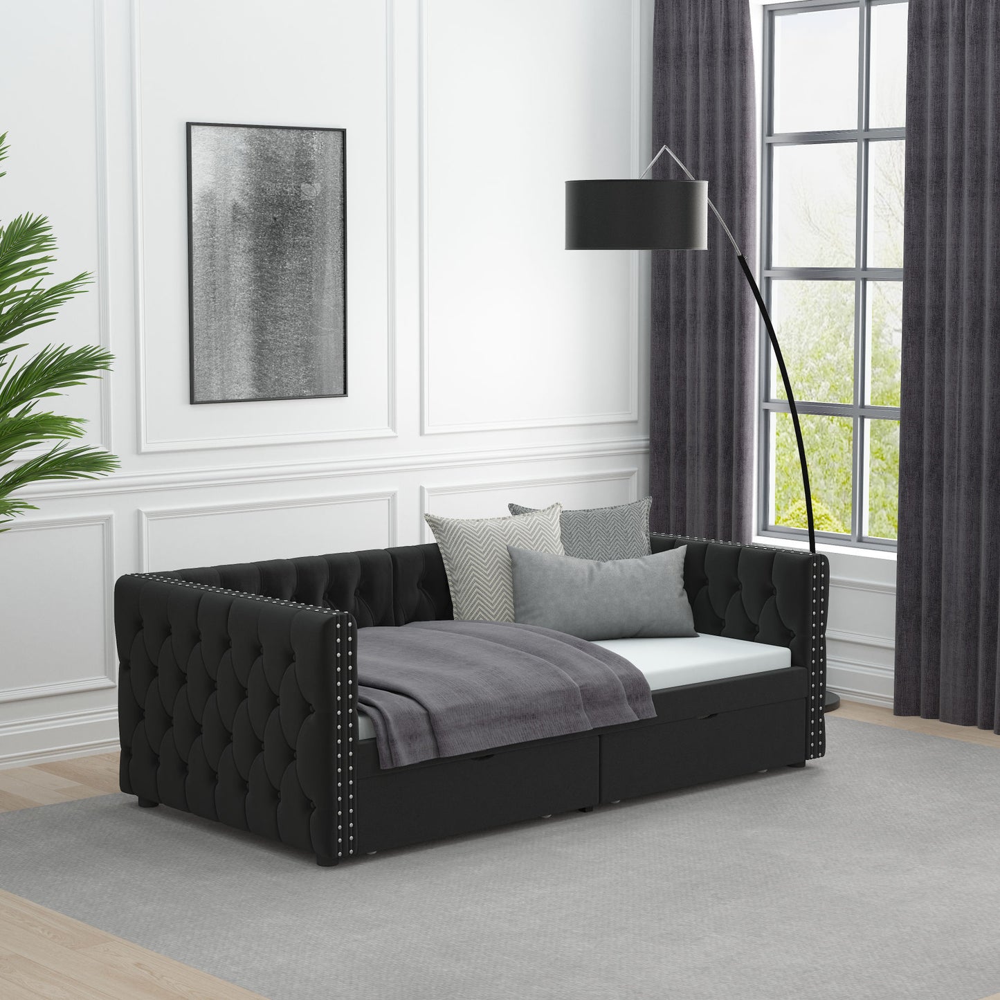velvet upholstered tufted bed with drawers, black