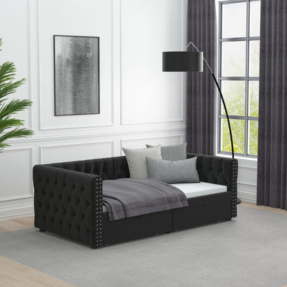 Velvet Upholstered Tufted Bed with Drawers, Black