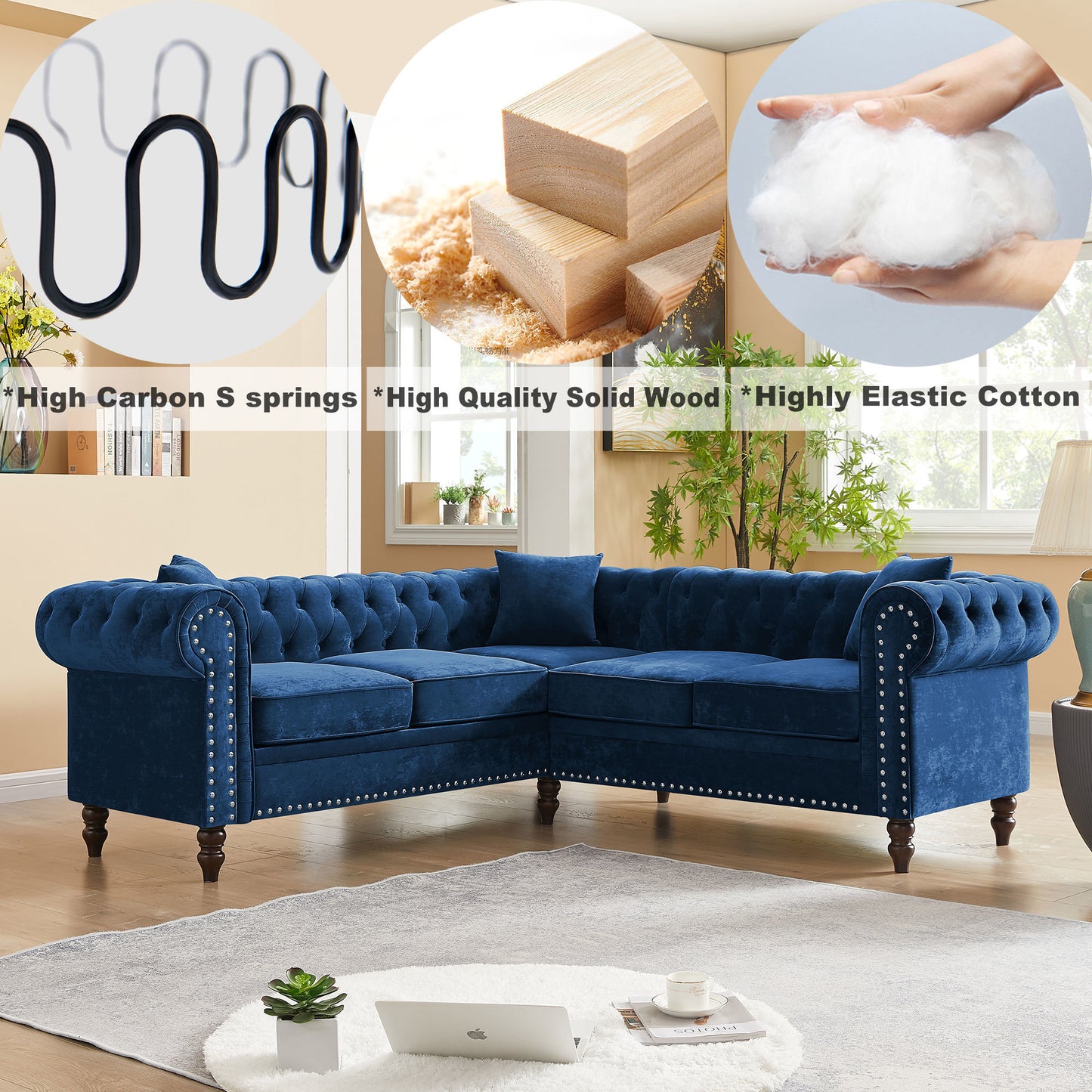 luxury classic chesterfield l-shaped sofa 3 pillows included, blue velvet