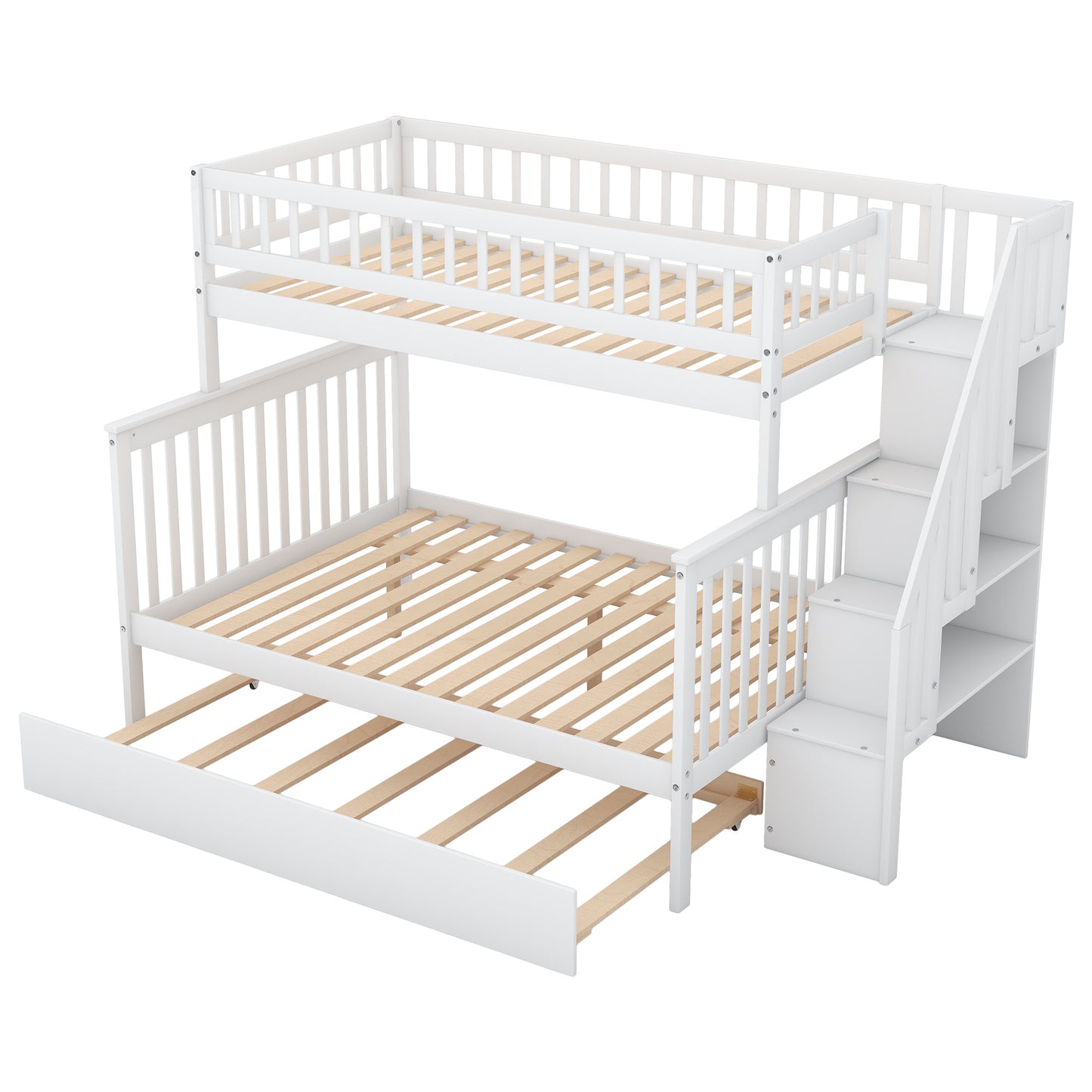 twin over full bunk bed with trundle and staircase,white
