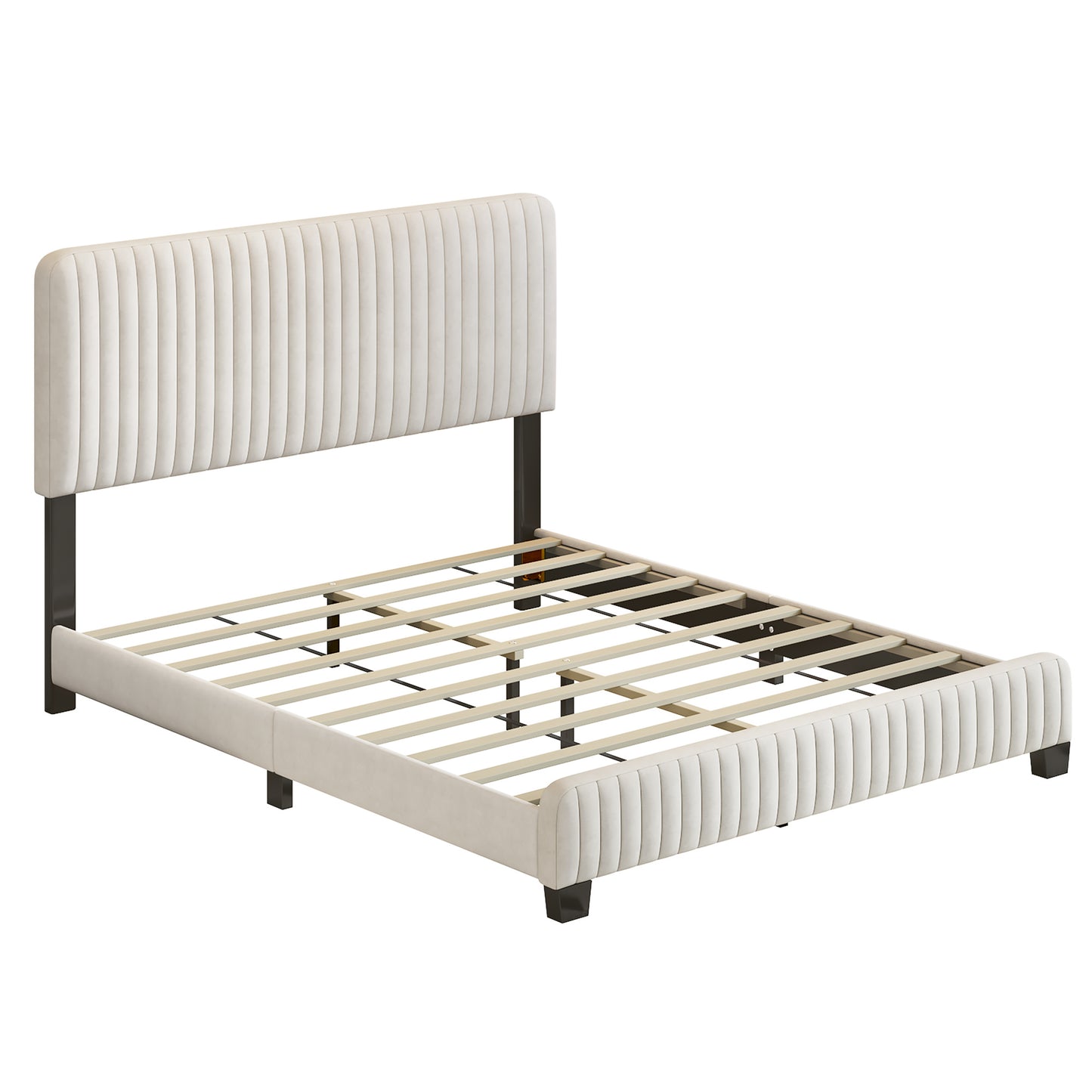 queen size upholstered platform bed, beige