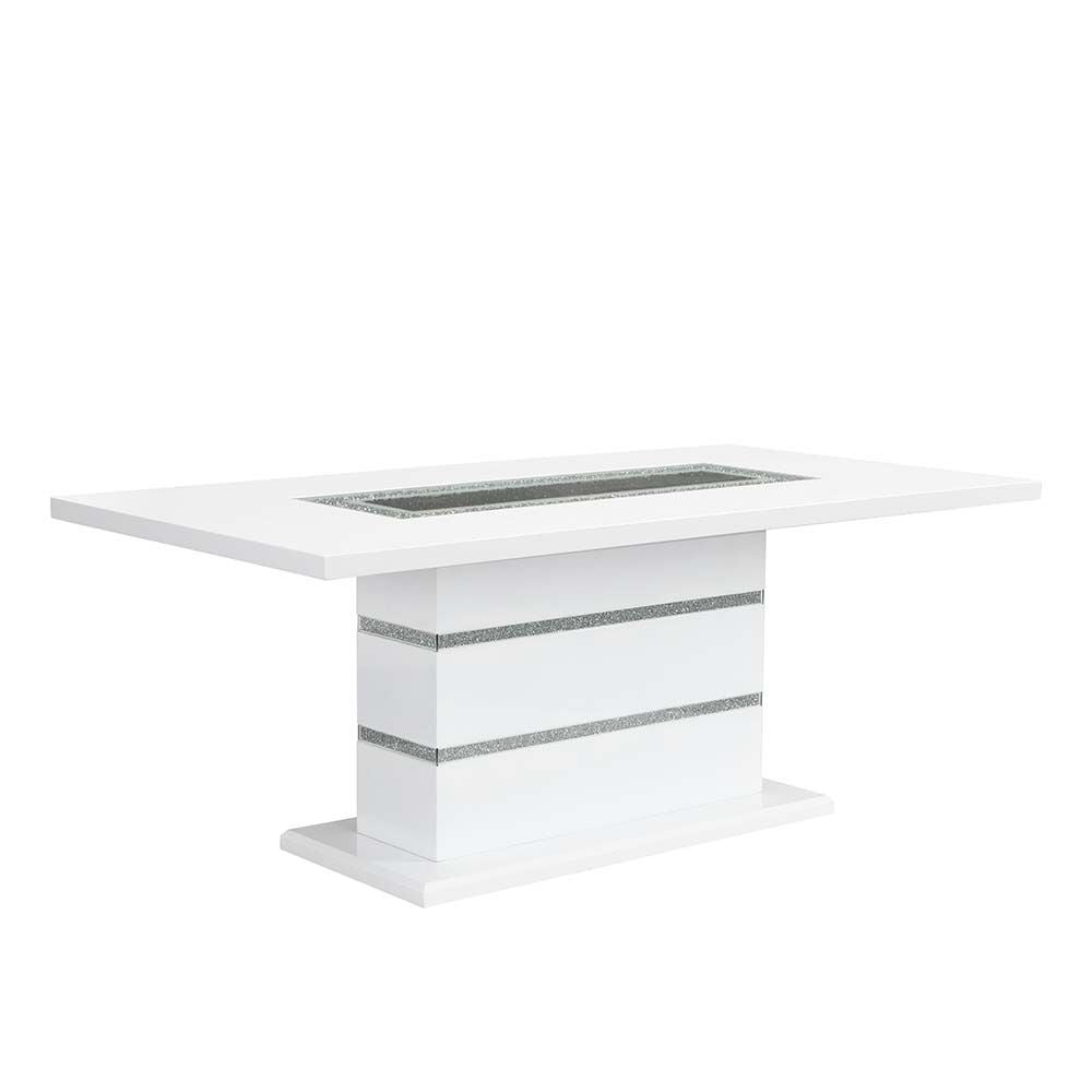 acme elizaveta dining table, gray velvet, faux crystal diamonds &white high gloss finish
