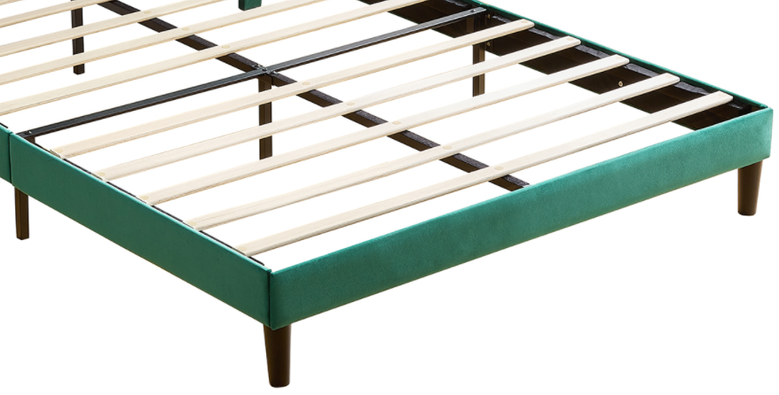 queen size platform bed with upholstered headboard and slat support, green