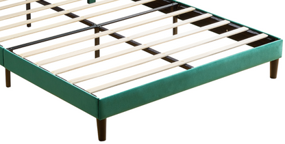 Queen Size Platform Bed with Upholstered Headboard and Slat Support, Green