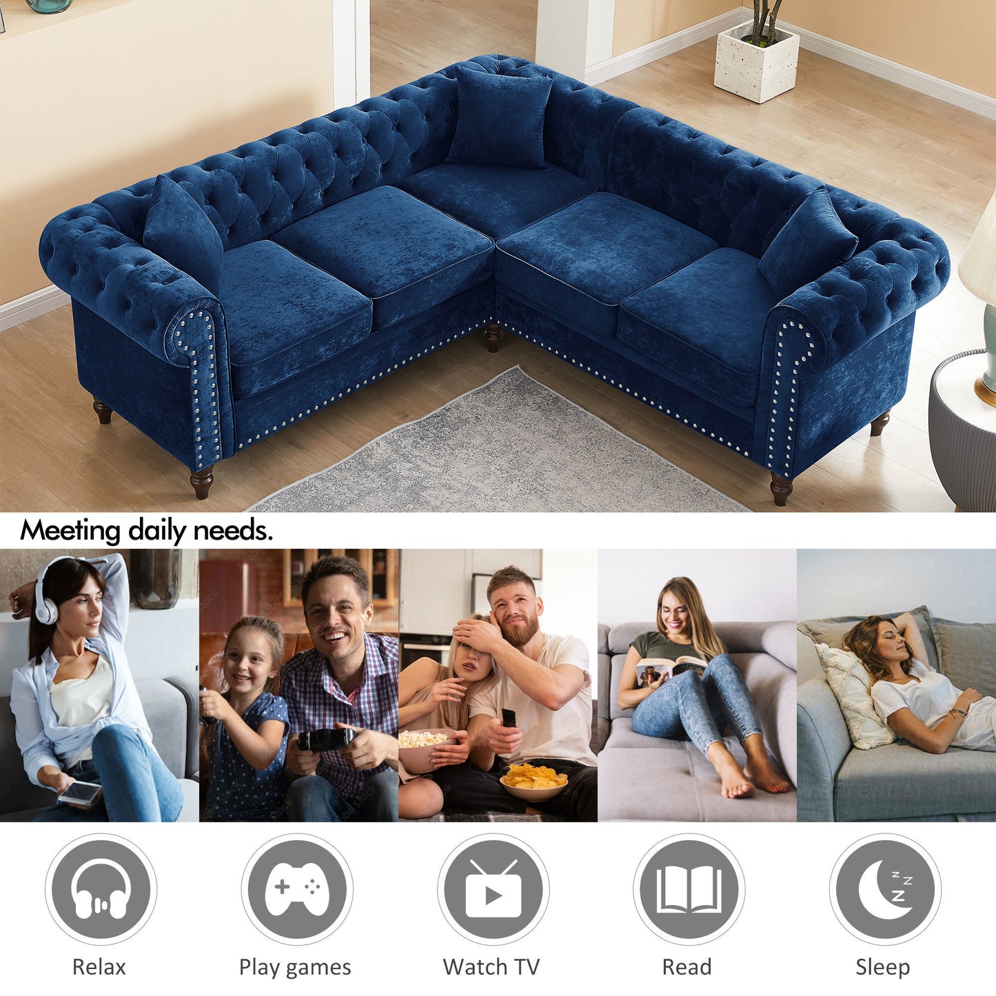 luxury classic chesterfield l-shaped sofa 3 pillows included, blue velvet