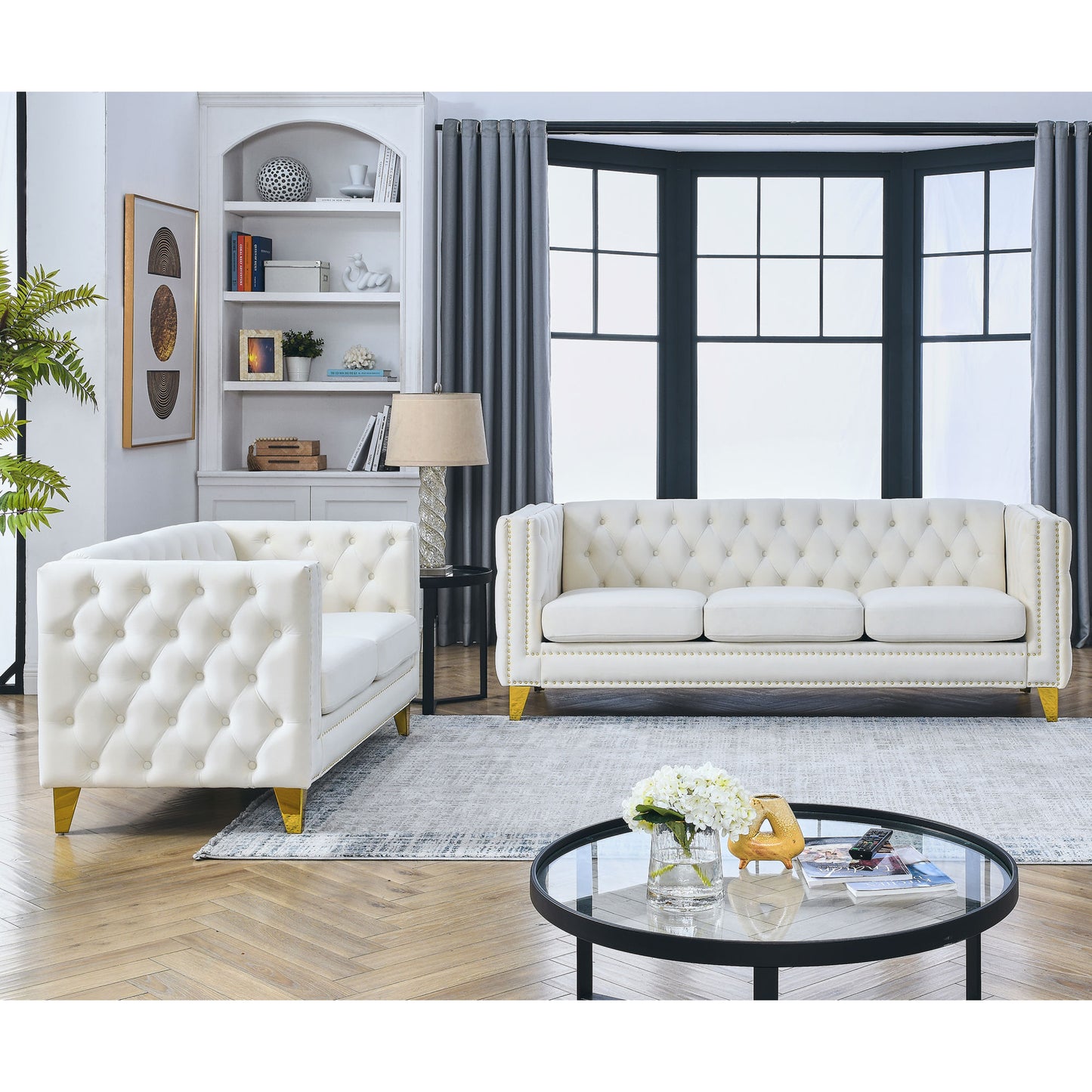 3-seater + 2-seater combination sofa, beige velvet