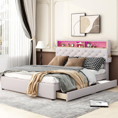 Upholstered Platform Bed with Storage Headboard, LED, USB Charging and 2 Drawers