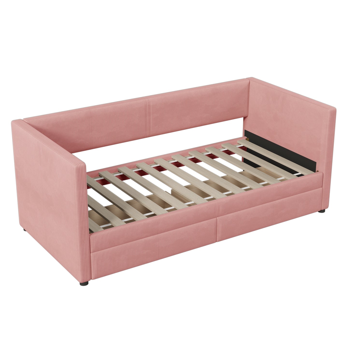 corduroy bed with two drawers and wood slat, pink