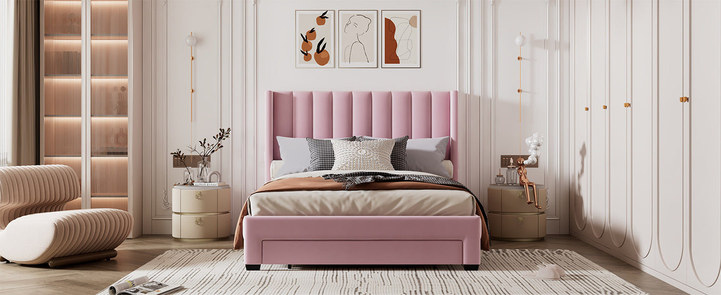velvet upholstered platform bed with a big drawer