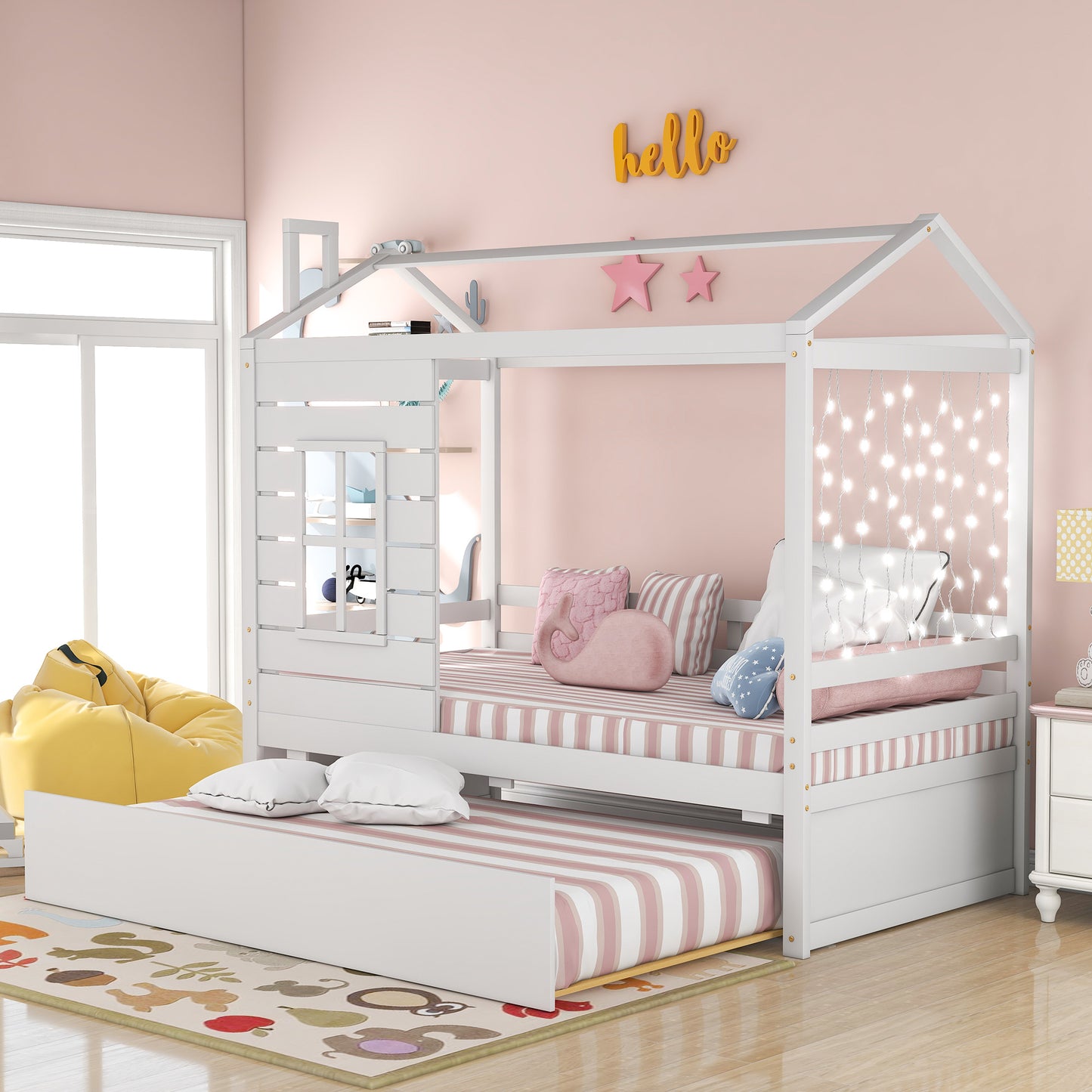 house wood bed with twin size trundle