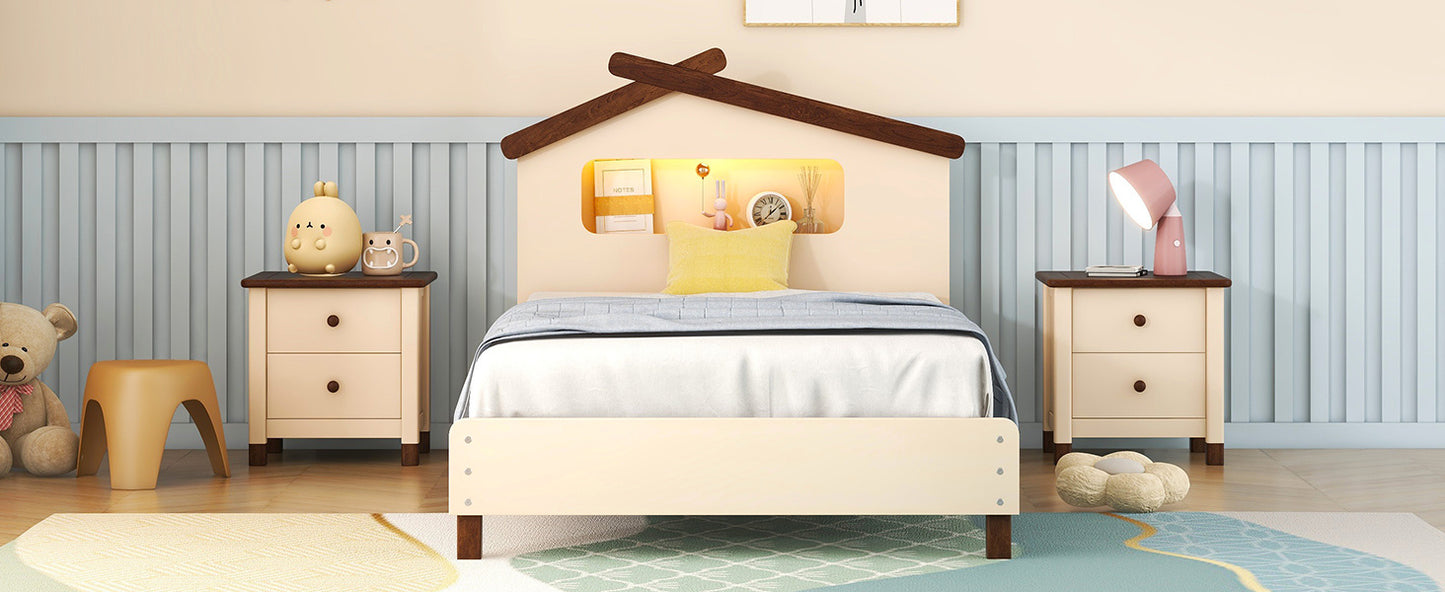 wood platform bed with house-shaped headboard and motion activated night lights, cream+walnut