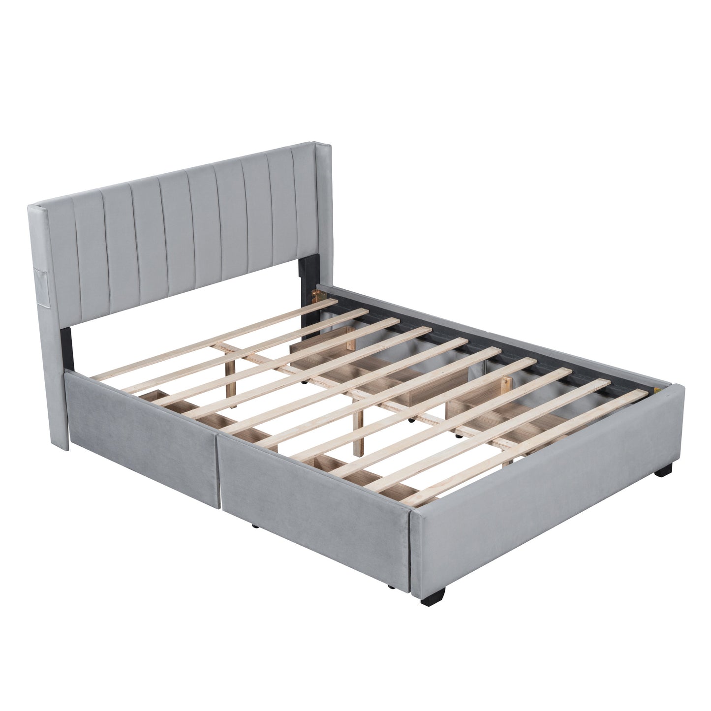 queen size upholstered bed with 4 drawers, gray