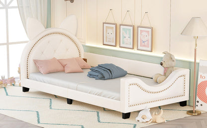 Upholstered Bed with Carton Ears Shaped Headboard, White