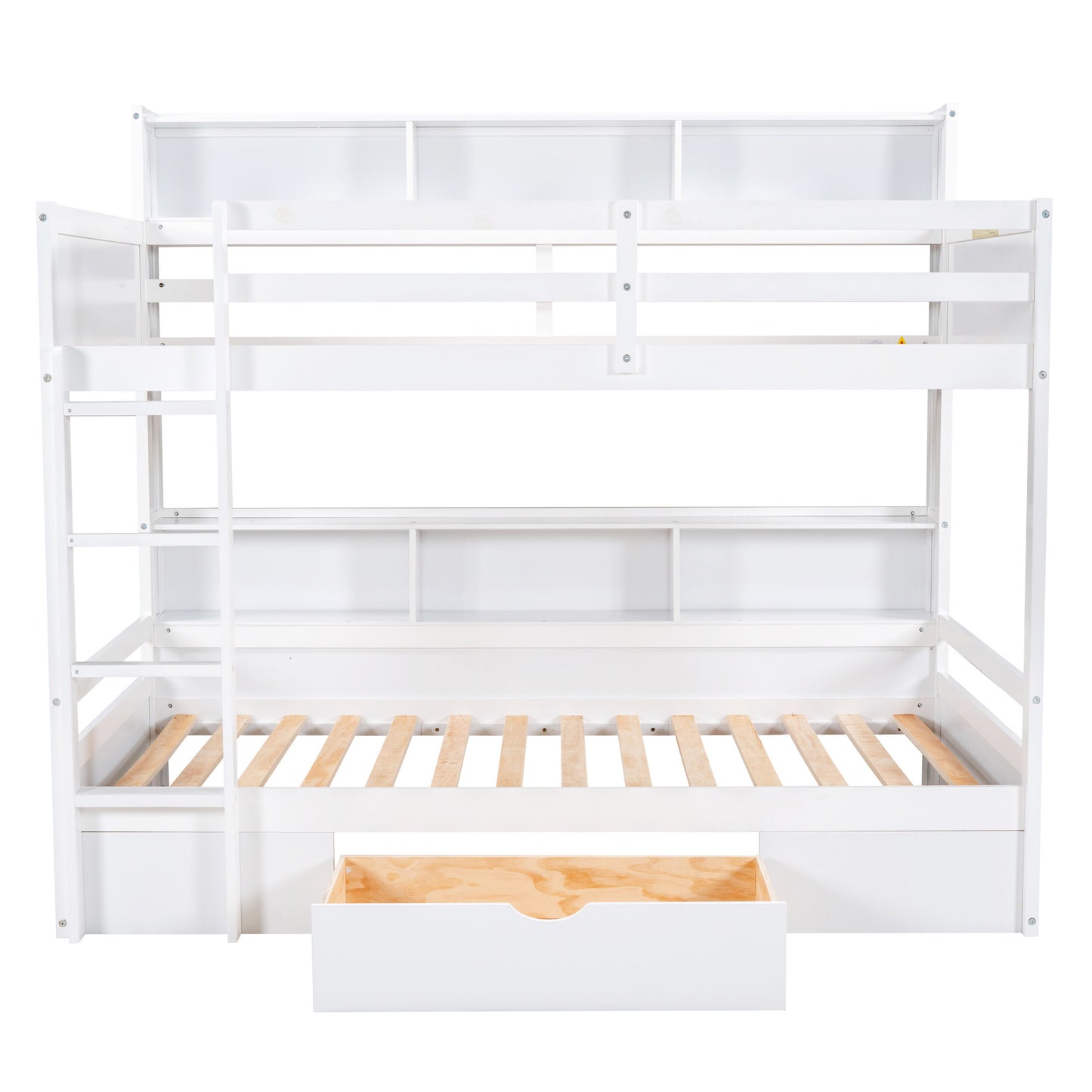 twin size bunk bed with built-in shelves, white