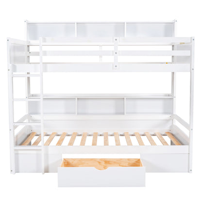 Twin Size Bunk Bed with Built-in Shelves, White