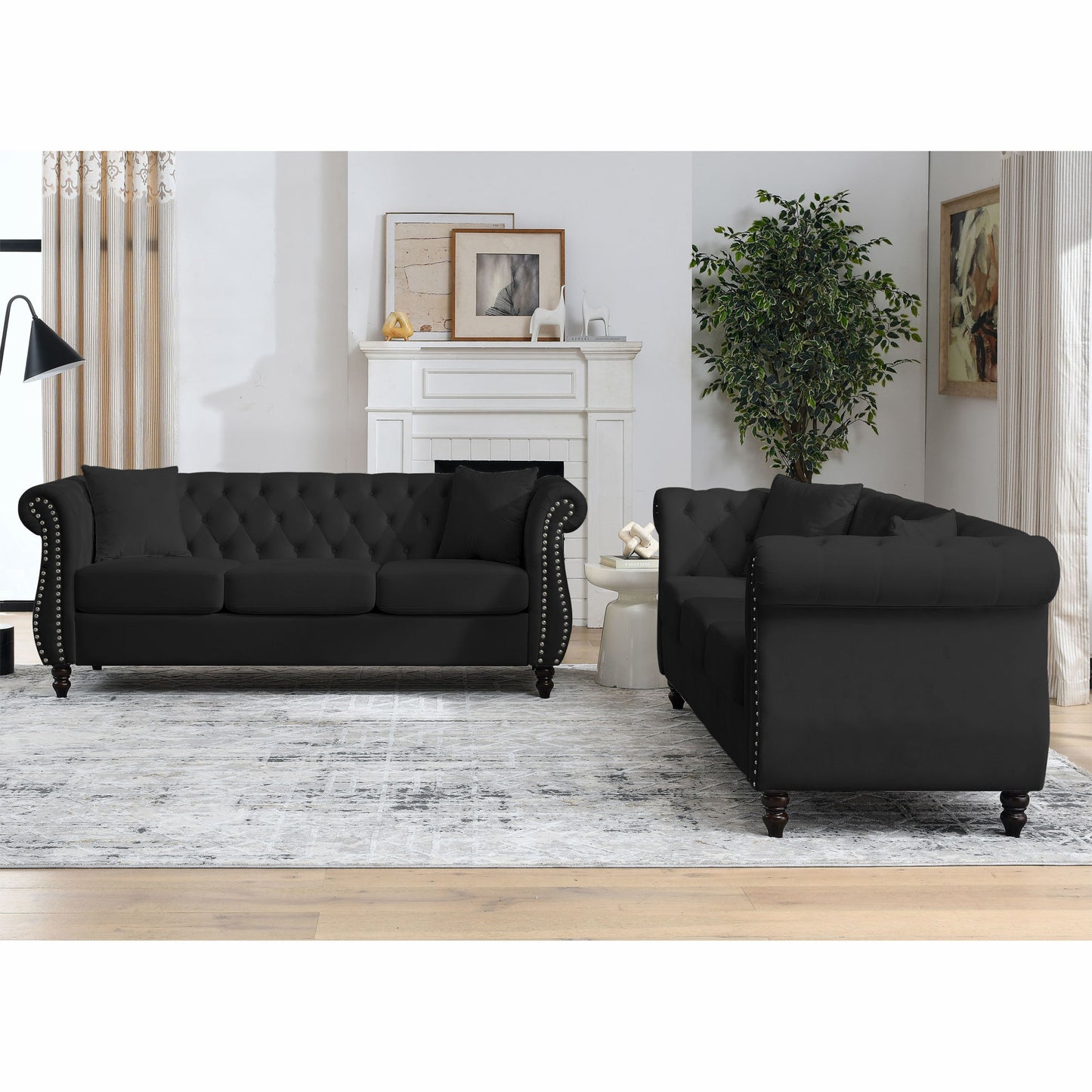 corrin chesterfield sofa set in black velvet