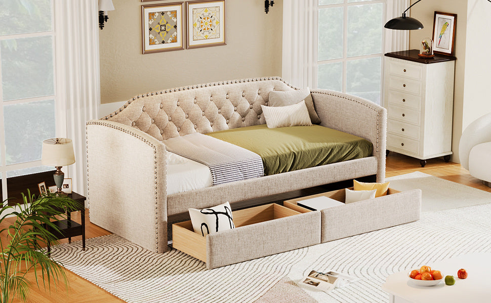 kim upholstered bed with drawers, beige
