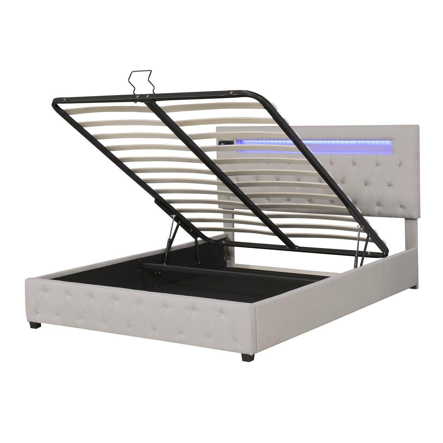 upholstered bed featured with bluetooth audio, led light and usb charging, beige