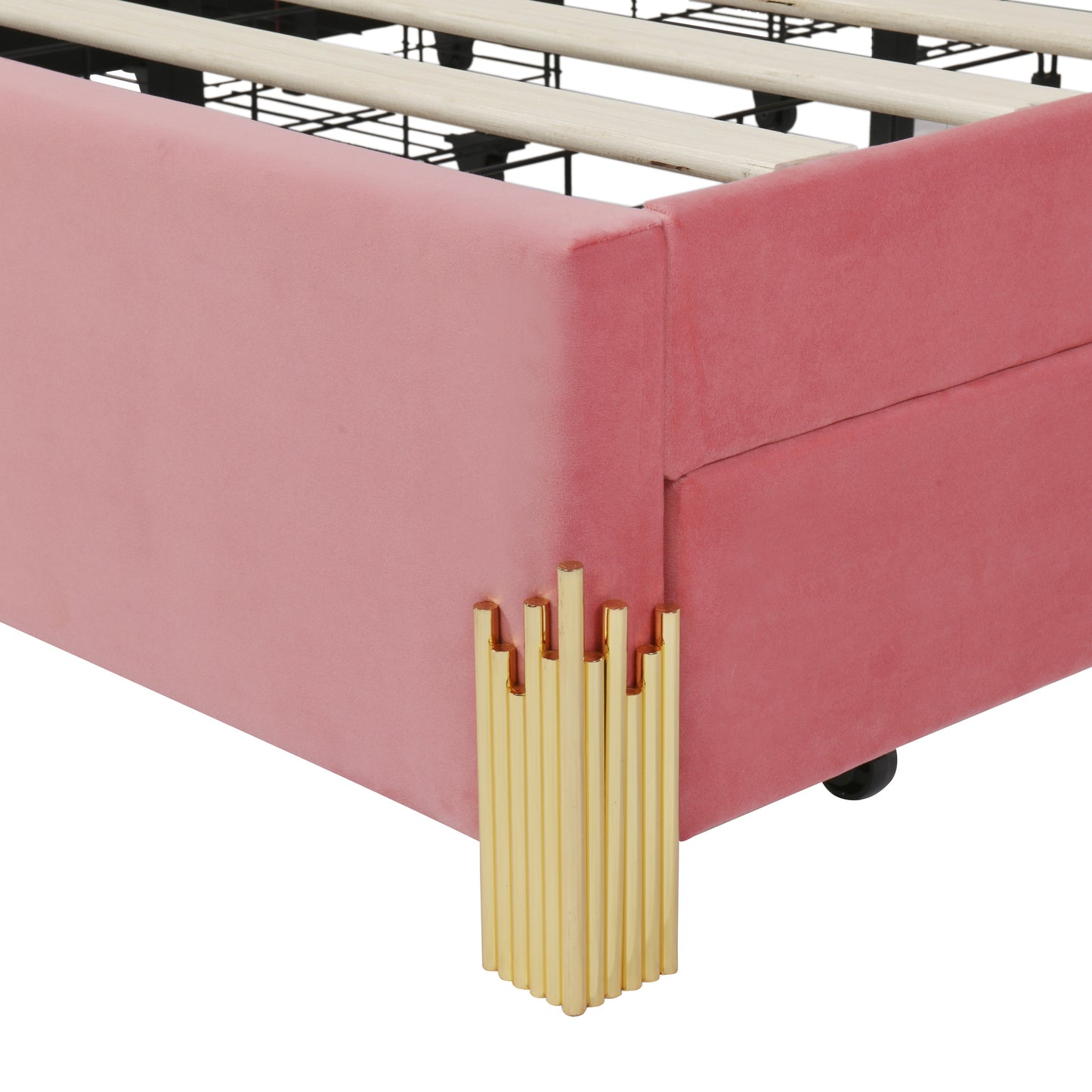 irregular upholstered platform bed with led lights and 4 drawers, pink