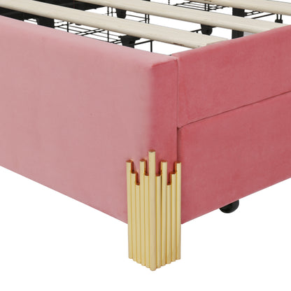 Irregular Upholstered Platform Bed with LED Lights and 4 Drawers, Pink