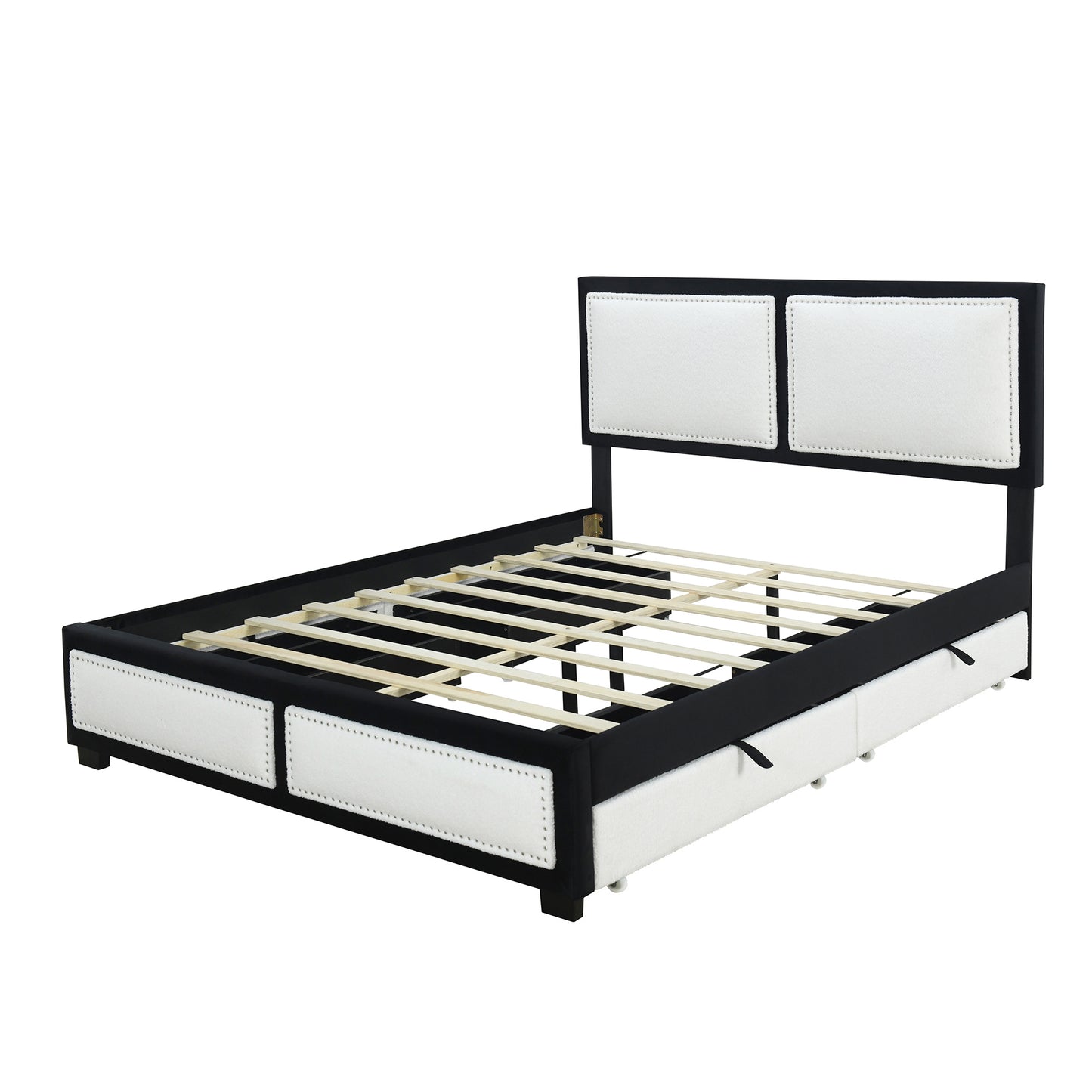 teddy upholstered platform bed with large rivet-decorated backrests and 4 drawers, velvet black+white