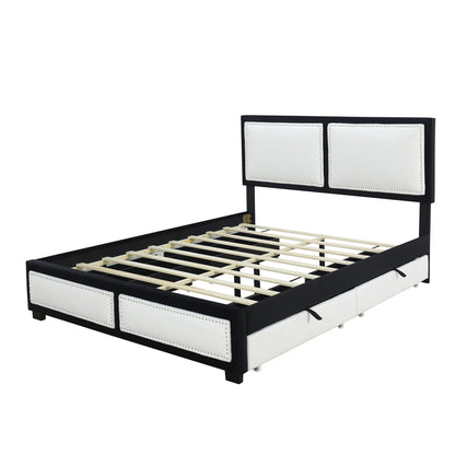 Teddy Upholstered Platform Bed with Large Rivet-decorated Backrests and 4 Drawers, Velvet Black+White