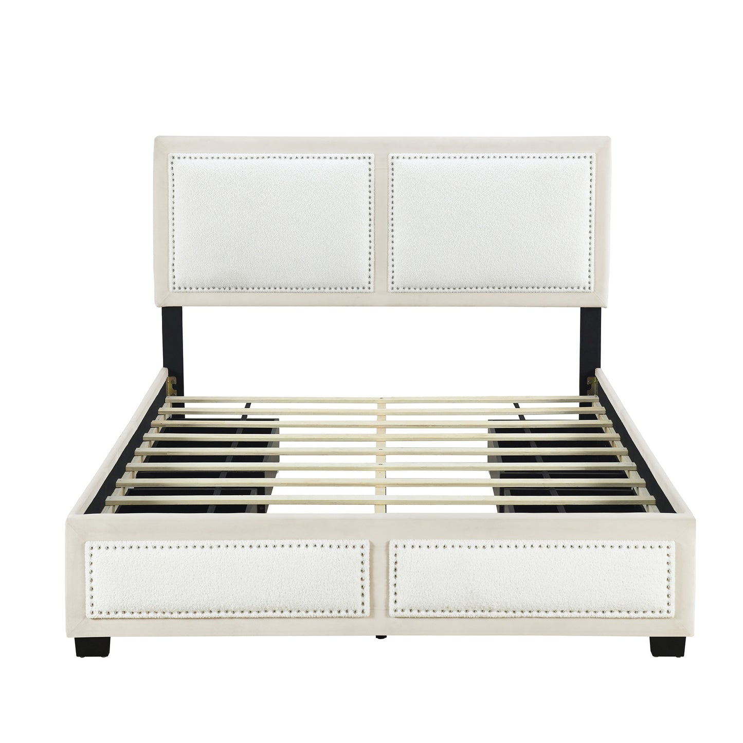 teddy upholstered platform bed with large rivet-decorated backrests and 4 drawers, velvet beige+white