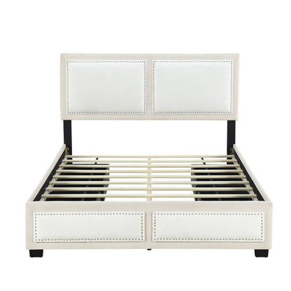 Teddy Upholstered Platform Bed with Large Rivet-decorated Backrests and 4 Drawers, Velvet Beige+White