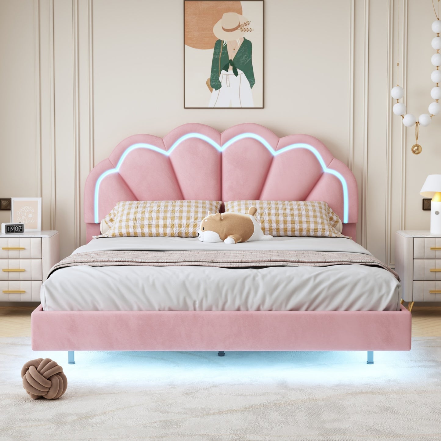 queen upholstered smart led bed frame with elegant flowers headboard,pink