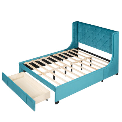 Modern Velvet Upholstered Platform Bed with Wingback Headboard and a Big Drawer