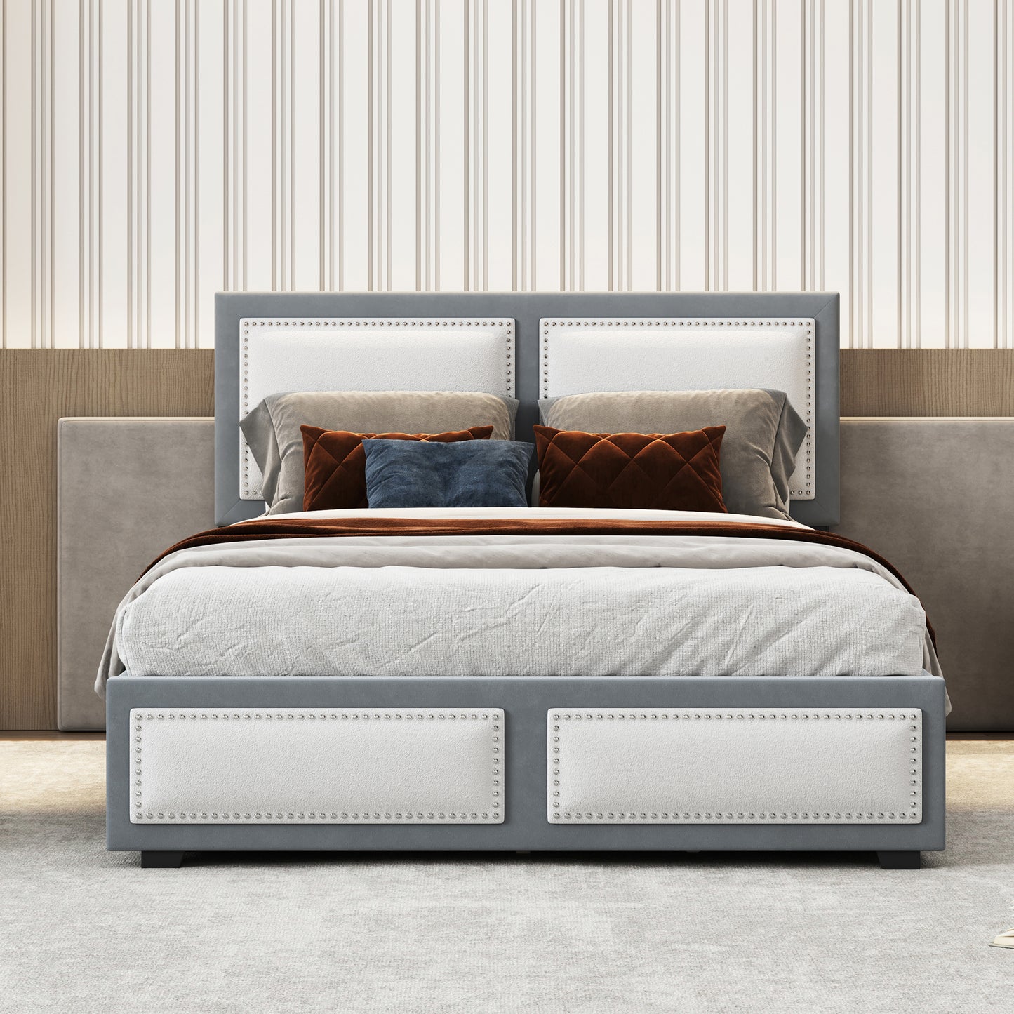 teddy upholstered platform bed with large rivet-decorated backrests and 4 drawers, velvet gray+white
