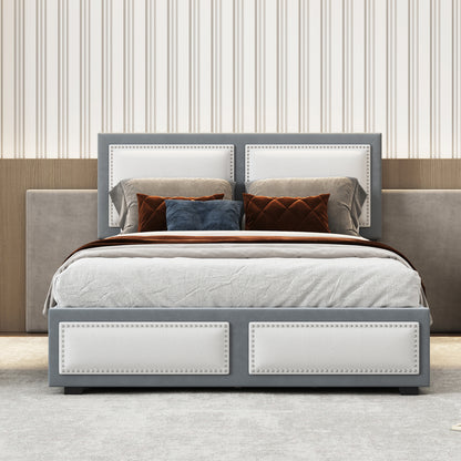 Teddy Upholstered Platform Bed with Large Rivet-decorated Backrests and 4 Drawers, Velvet Gray+White