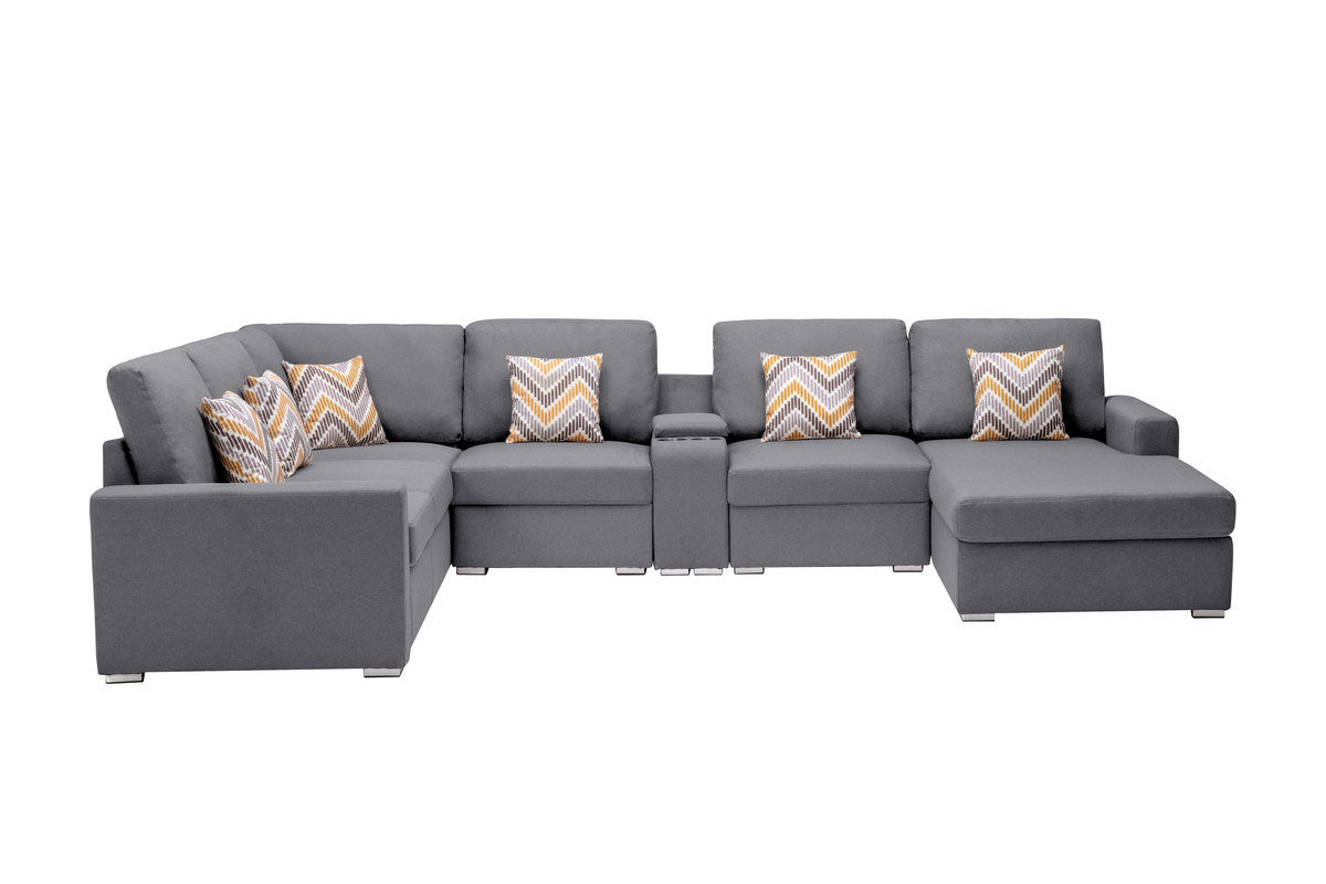 nolan 7pc reversible chaise sectional sofa with a usb, charging ports, cupholders, storage console table and pillows