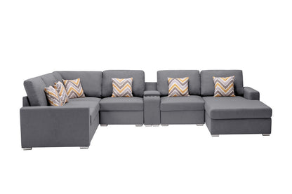 Nolan 7Pc Reversible Chaise Sectional Sofa with a USB, Charging Ports, Cupholders, Storage Console Table and Pillows