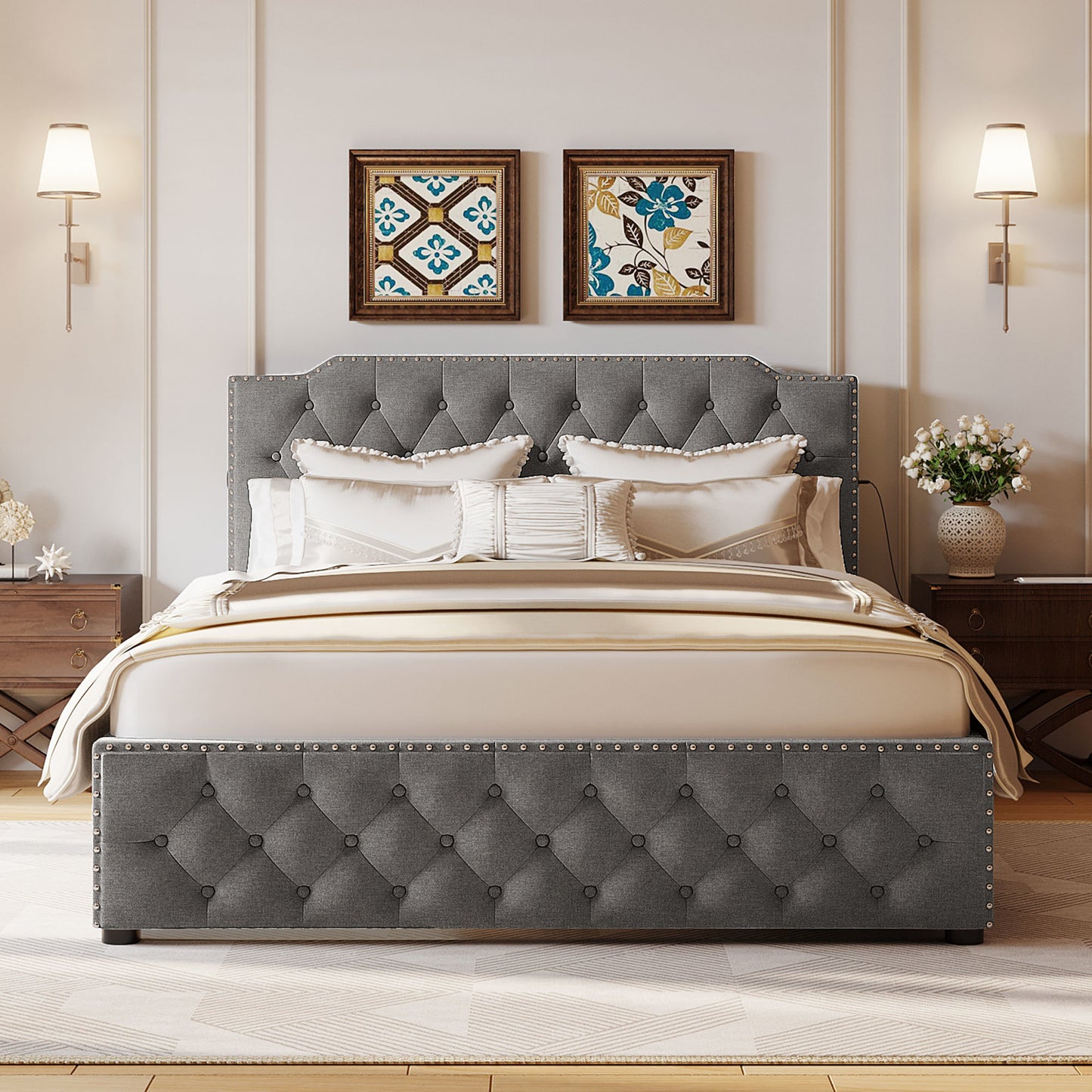sam upholstered platform bed with 2 drawers and 2 sets of usb ports