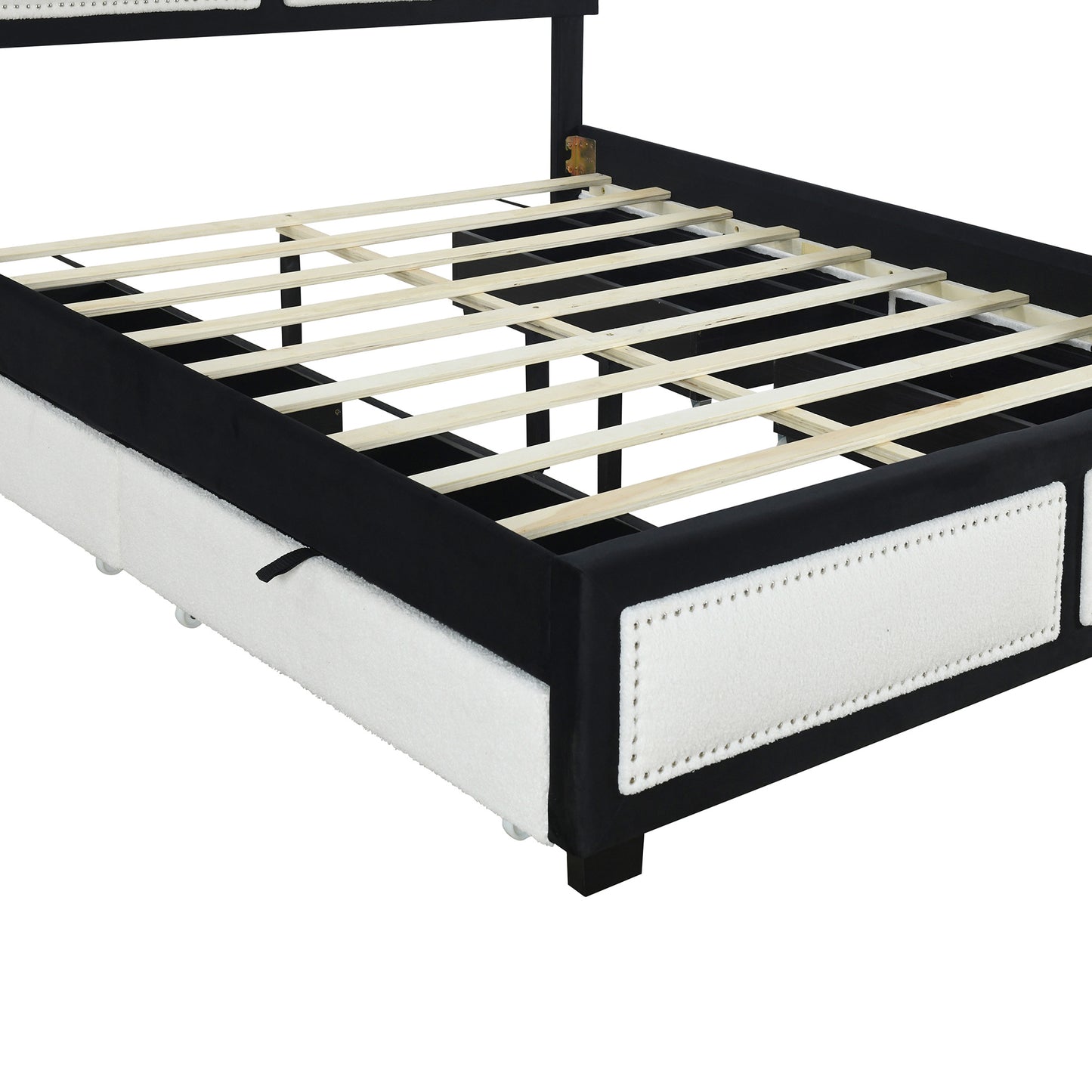 teddy upholstered platform bed with large rivet-decorated backrests and 4 drawers, velvet black+white