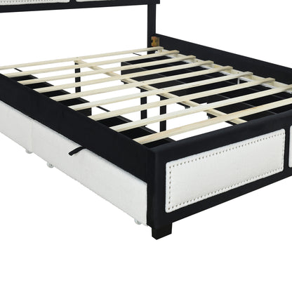 Teddy Upholstered Platform Bed with Large Rivet-decorated Backrests and 4 Drawers, Velvet Black+White