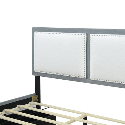 Teddy Upholstered Platform Bed with Large Rivet-decorated Backrests and 4 Drawers, Velvet Gray+White