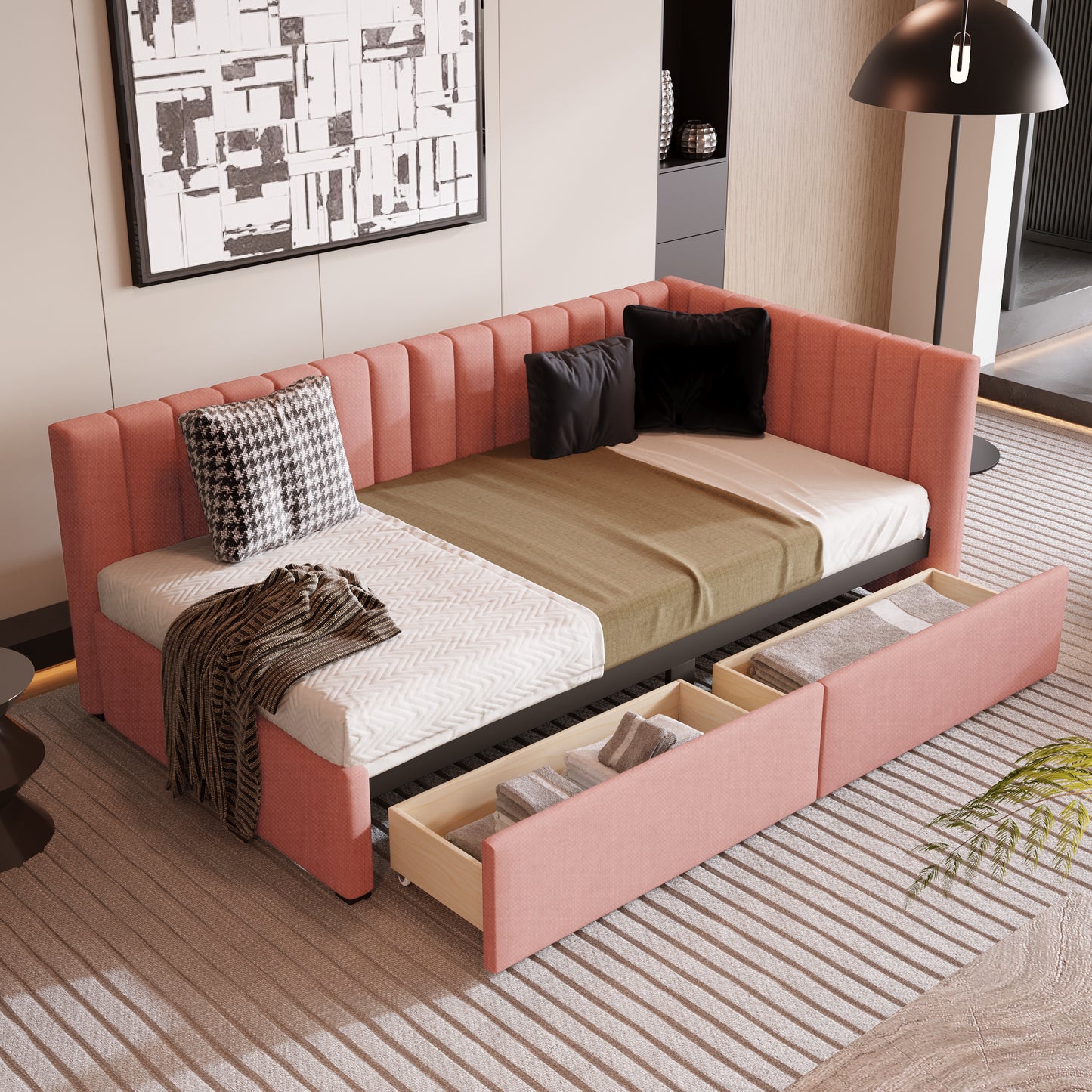 upholstered bed with 2 storage drawers, pink