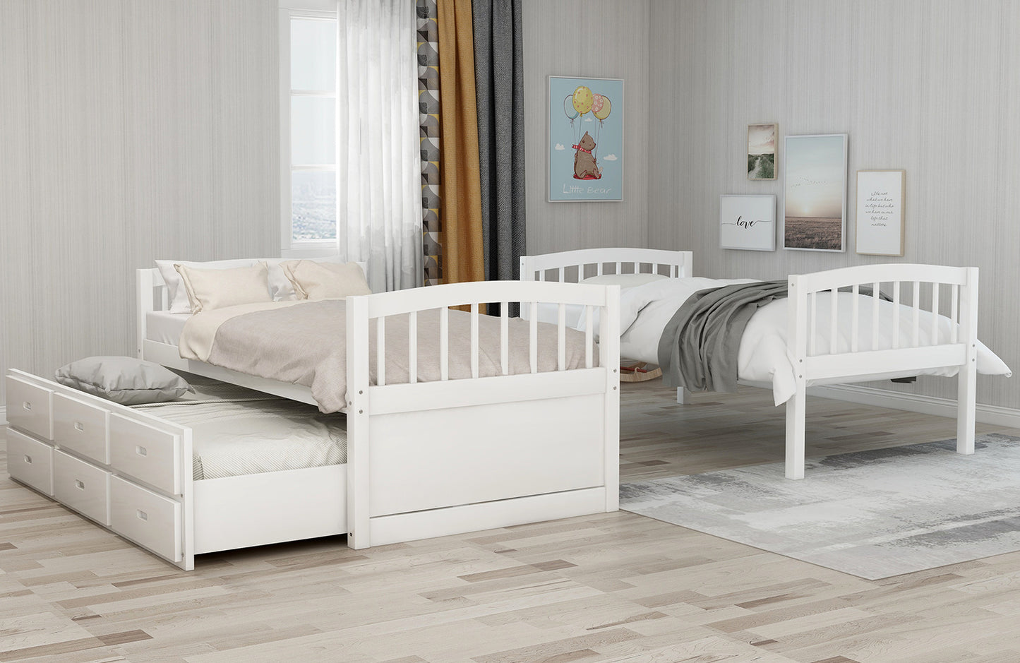 twin over twin wood bunk bed with trundle and drawers,white