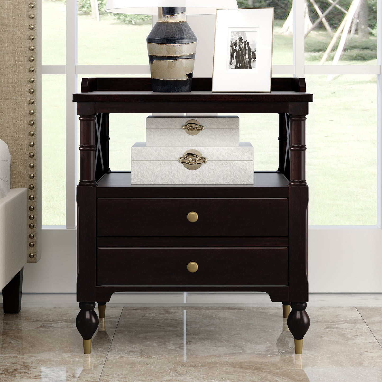 3 pieces bedroom set modern linen curved upholstered beige platform queen bed with two black cherry nightstands